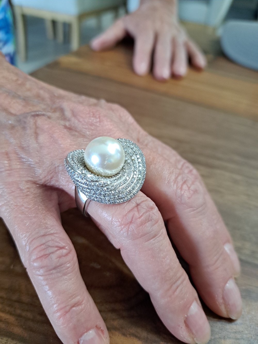 SSterling Silver Pearl Cocktail Ring with Pavé Accents - White Pearl